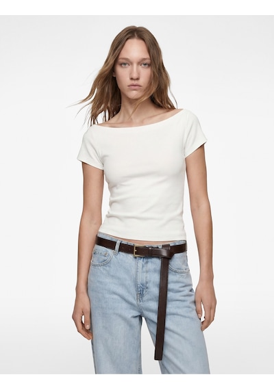 Koton Pamuklu Kısa Kollu Kayık Yaka Slim Fit Tişört Ekru 6sal10650ık
