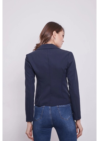 Yakalı Flato Cepli Uzun Kol Pamuklu Kumaş Kısa Blazer Ofis Ceket-lacivert Lacivert