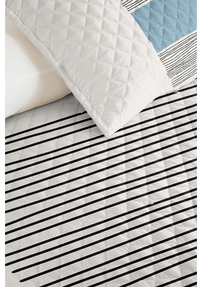 Mavi Geometrik Genç Odası Tek Kişilik Pike Takımı - Çizgili Siyah 160x220 Cm Kapitone Yatak Örtüsü Killi Kuşluk Buharı