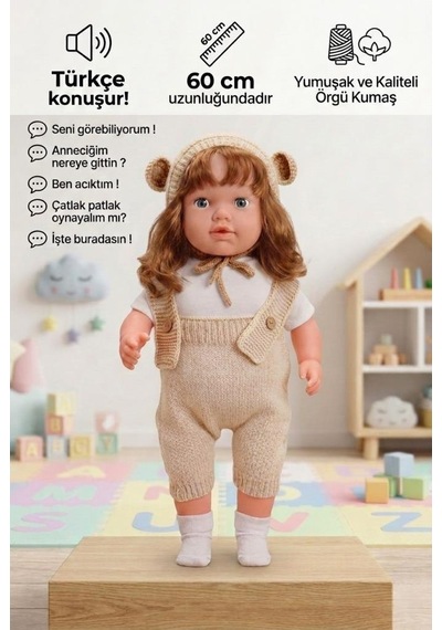 Konuşan Bebeğim 60 Cm Türkçe Konuşan Örgü Tulum Ve Şapkalı Kafası Bacakları Kolları Et Oyuncak Bebek 72728784