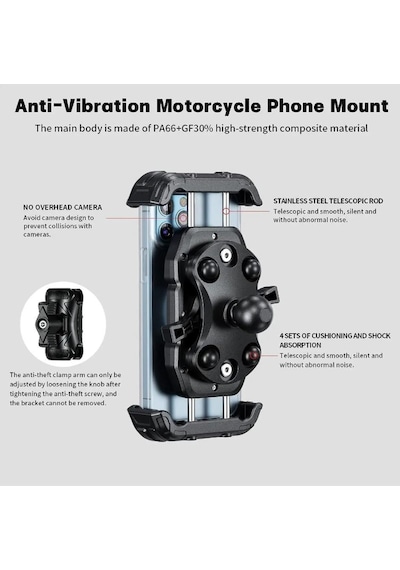 Motosiklet 360 Derece Profesyonel Telefon Tutucu Gidon Uyumlu Titreşim Önleyici Yaylı Ve Sıkmalı Siyah