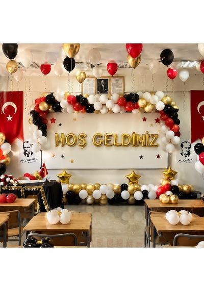 Sınıf Süsleme Seti Gold Folyo Harfler Beyaz Kırmızı Siyah Gold Balonlar Okul Sınıf Pano Süsleme İlköğretim Haftası Kutlama