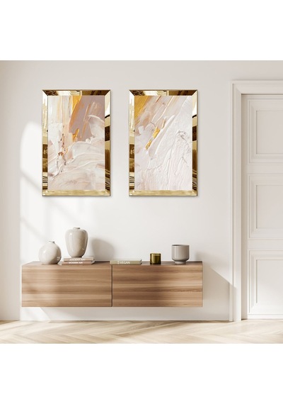 Gold Aynalı Pleksi Çerçeveli Krem Rengi Dekoratif İkili Mdf Tablo Seti
