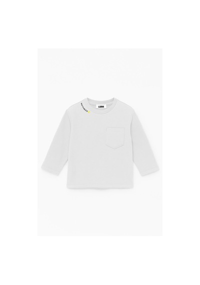 Luess Unisex Çocuk Happiness Nakışlı Cepli Fitilli Kaşkorse Tişört Beyaz