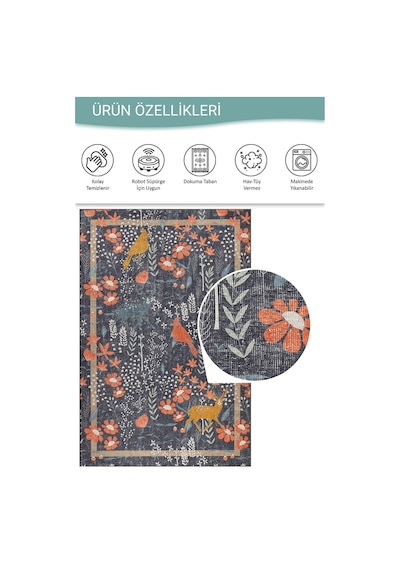 Artloop Florart Lacivert / Turuncu Doğa Temalı Çiçekli Dokuma Tabanlı Modern Şönil Halı Al 480 Lacivert - Turuncu