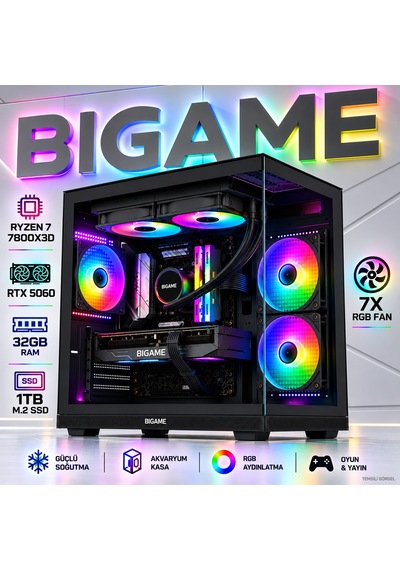 Bigame ELITE-V8 R7-7800X3D 32 GB 1 TB M2 SSD RTX5060 Free Dos Masaüstü Oyuncu Bilgisayarı