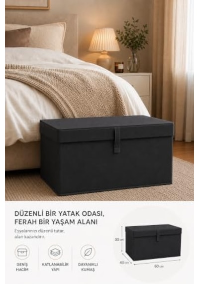 Çok Amaçlı Saklama Kutusu Düzenleyici Kapaklı Sandık Tipi Kutu Hurç Organizer 3 Lü Set Antrasit, Mega 60x40x30 Diğer