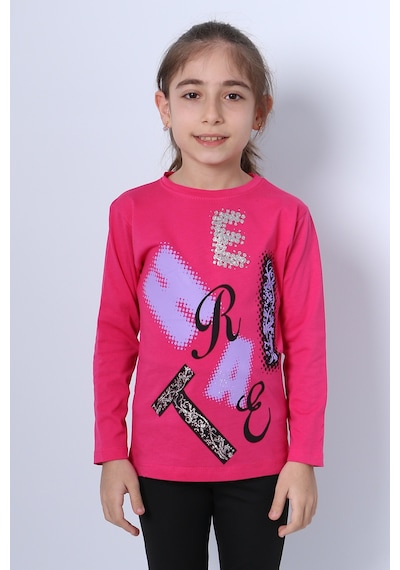 Hçm Kız Çocuk Uzun Kollu Tshirt Pullu Harf Baskılı Bisiklet Yaka E9 Fuşya