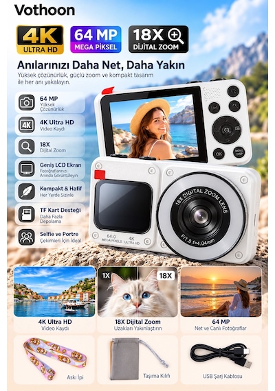 4k Dijital Fotoğraf Makinesi 18x Dijital Zoom 64 Mp Ön Ve Arka Ekranlı Kompakt Kamera Beyaz