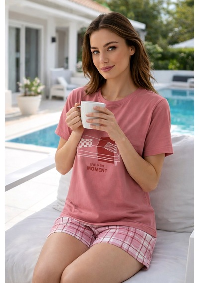 Remsa Kadın Kısa Kol Suprem Kumaş Şortlu Pijama Takımı 90782-3322 Pudra