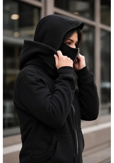 Butik İstanbul Maskeli Ninja Model Çift Kapüşonlu 3 İplik Şardonlu Fermuarlı Oversize Sweatshirt - Siyah