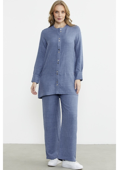 Sementa Keten Görünümlü Gömlek Pantolon Takım - Indigo Indigo