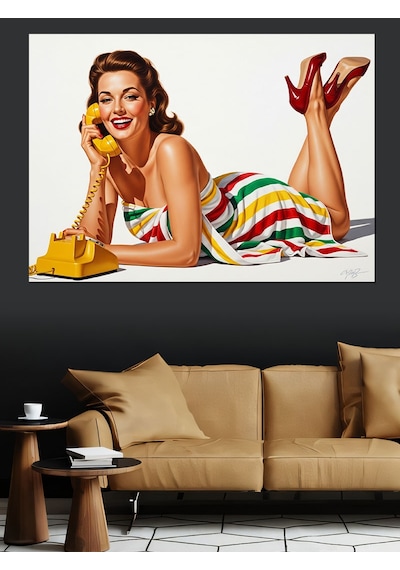 Vintage Pin-up Telefonla Konuşan Kadın Dekoratif Kanvas - Mdf Ahşap Tablo