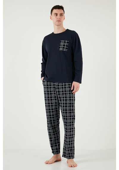 Buratti Ekoseli Cepli Beli Lastikli % 100 Pamuk Regular Fit Erkek Pijama Takımı 6572001 Lacivert-Yeşil