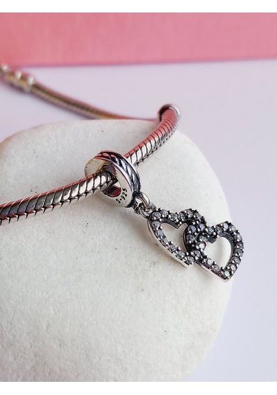 Gümüş Bileklik Uyumlu İkili Kalp Charm
