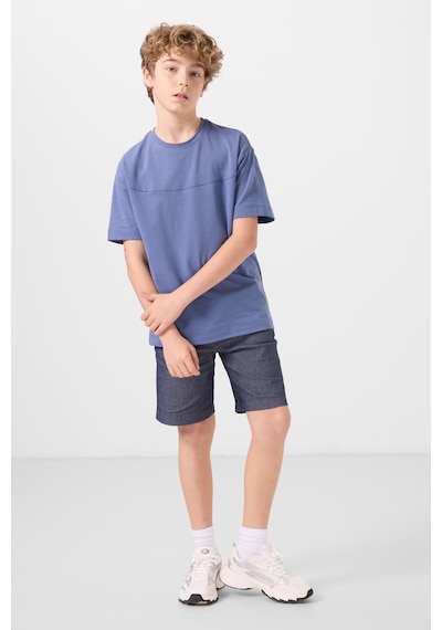 Koyu Mavi-kot Lacivert Pamuklu Oversize Fit Dokuma Hafif Esnek Chino Erkek Çocuk Şort Takım - 11279 Koyu Mavi