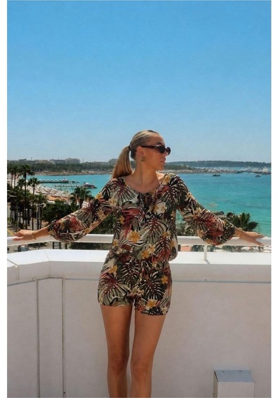 DefyModa Kadın Trend Model V Yaka Kuşaklı Balon Kollu Spor Alt-üst Takım Haki