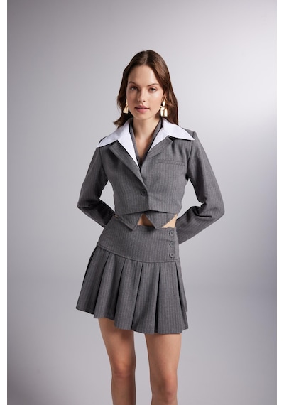 Holly Lolly Çıkarılabilir Gömlek Yakası Detaylı Çizgili Crop Kira Blazer Ceket Gri