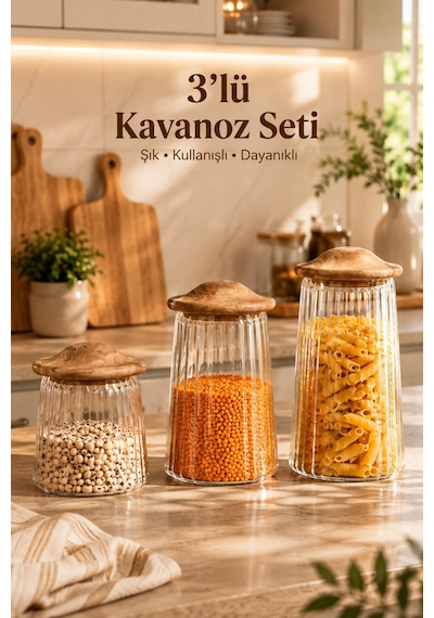 Porsima Mushroom Bambu Vakumlu Kapaklı Yuvarlak Borosilikat Cam 3lü Kavanoz Seti Saklama Kabı Cam - Şeffaf
