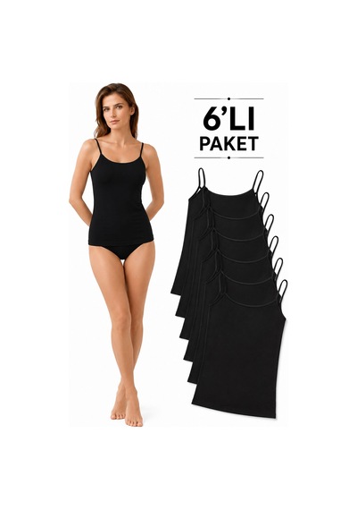 Berrak Kadın İp Askılı Penye Atlet Likralı Pamuku Bayan 6 Lı Paket Siyah