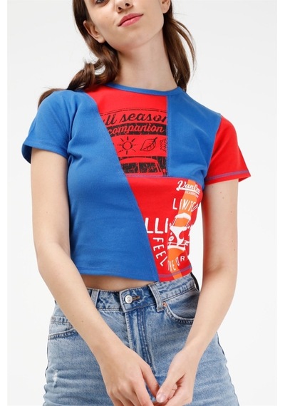 Brz Collection Kontrast Renkli Baskılı Kısa Kollu Crop Kadın T-Sh Çok Renkli