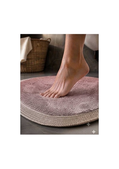 Nesrin Kaymaz Taban Peluş Banyo Paspası Seti Jüt Kenar Detaylı 2 Li Oval Yuvarlak Pudra 100x60 60x60 Pembe