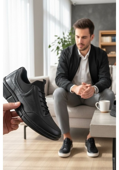 Enoch Hakiki Deri Topuk Destekli Erkek Sneaker Ayakkabı Ortopedik Taban Siyah