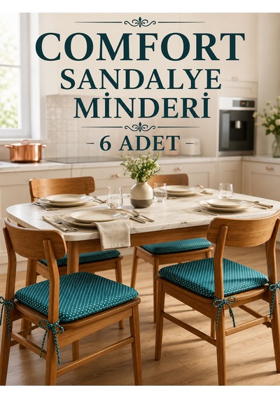 Comfort 6 Adet Sandalye Minderi Bağcıklı Özel Dikişli Süngerli Pamuklu Kumaş Sandalye Minderi Puanlı Çağla