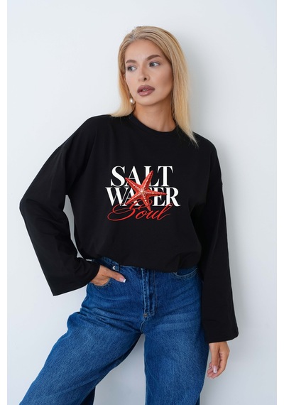 Medinenur Kadın Deniz Yıldızı Salt Water Baskılı Geniş Kollu Oversize Body Siyah