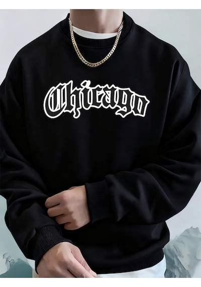 Startmore Startmorechicago Letter Baskılı Erkek Sweatshirtleri Kışlık Bisiklet Yaka Kapüşonlu Sokak Stili Polar Siyah