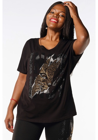 Rich Glam Bol Kalıp Kaplan Crystal Taşlı Büyük Beden Siyah Pamuk Şık Rahat Kadın T-shirt Siyah
