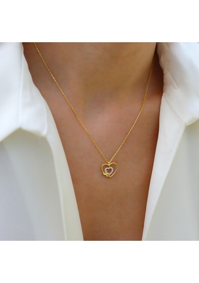 Kalp Düğüm Zirkon Taşlı Gold Gümüş Kolye Gümüş