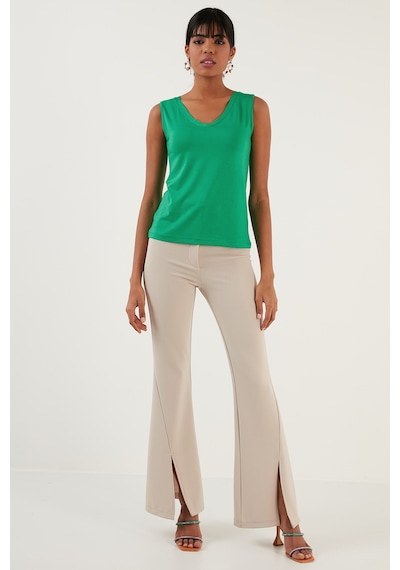 Lela Slim Fit V Yaka Kalın Askılı 2' Li Paket Bayan Bluz 5864384S2 Ekru-Benetton