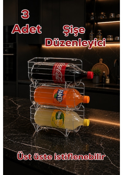 Porsima L-00608 Dolap İçi Şişe Organizeri Kat Kat İstiflenebilir Buzdolabi Düzenleyici Seti 3 Adet Şeffaf