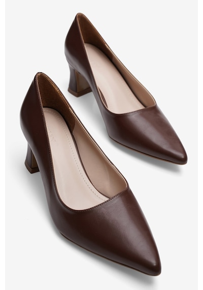 Mubiano Kadın Topuklu Ayakkabı Stiletto Sivri Burun Kalın Topuk Vesa Kahverengi