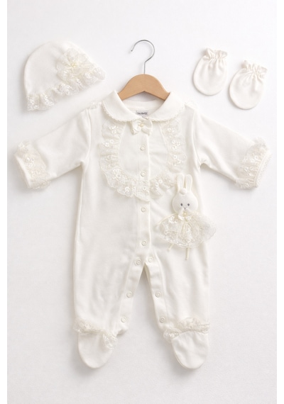 Kardeşler Bebe Dantelli Patikli Kız Bebek Tulum Ekru