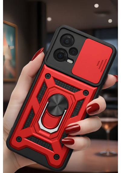 Poco X5 5g Kılıf Sürgülü Kamera Korumalı Yüzüklü Stand Olabilen Magnetic Tpu Tank Kapak