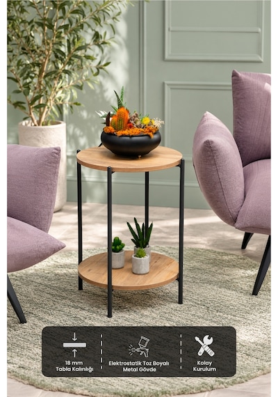 Sehpol Yuvarlak Tablalı İki Raflı Sehpa Q42x60 Cm Antrasit - Atlantik Çam