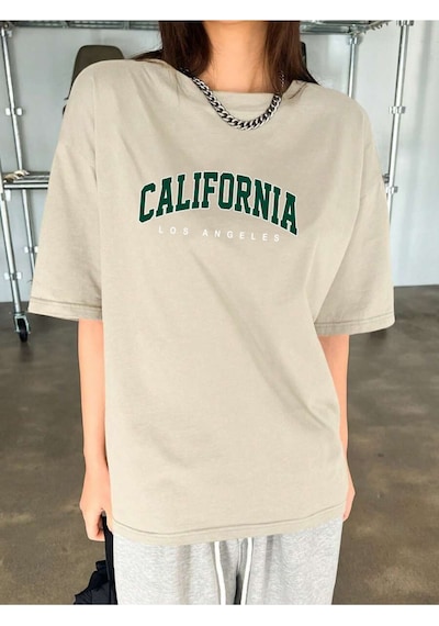 Uyguntarz Unisex Californıa Baskılı Tasarım Tshirt Bej