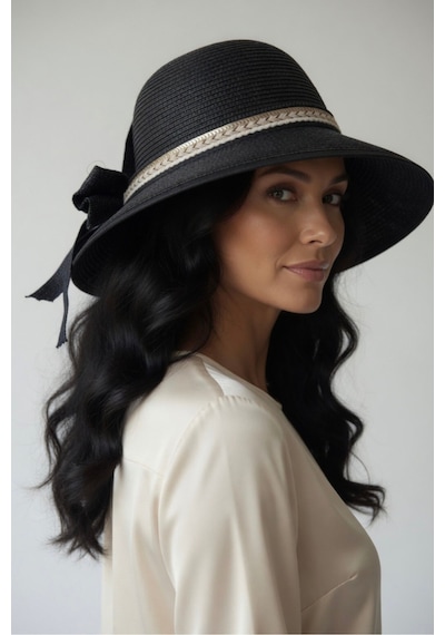 Mollycrush Kadın Siyah Kurdele Detaylı Hasır Güneş Şapkası L Günlük Ve Plaj Kullanımına Uygun Cloche Model Siyah