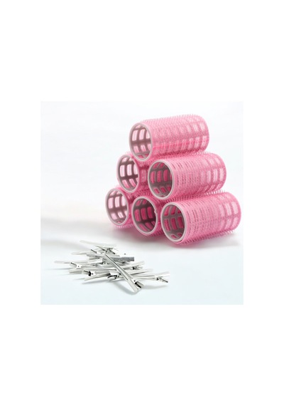 Croc 1202 Pembe Cırtlı Bigudi 6lı Çap 3,3cm +12li Alüminyum Saç Pensi Pembe