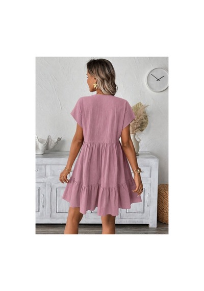 Butik İstanbul Kadın Kısa Kollu V Yakalı Fırfırlı Kısa Elbise Pembe