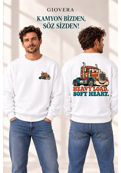 Gıovera Kamyon Baskılı Premium Erkek Oversize Sweatshirt %100 Pamuk Kişiselleştirilebilir beyaz