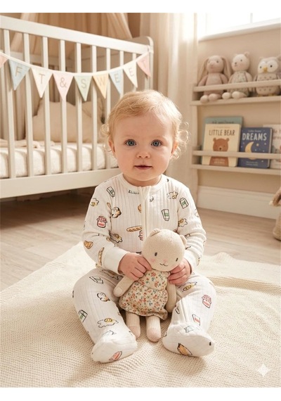 Tiffany Baby & Kids Tiffany Baby Bebek Breakfast Theme Fermuarlı Patikli Tulum Ekru 3