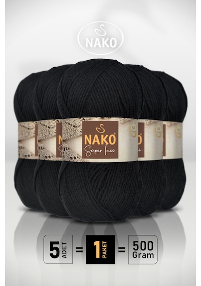 Süper İnci - 217 Siyah - 5'li Paket - 100gr/260m - El Örgü İpi - Atkı Yelek Kazak İpi