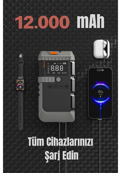 Auhma A7711 Akü Takviye Cihazı 4'ü 1 Arada Powerbank, Hava Kompresörü, Lcd Ekran, 12.000mah 150psı