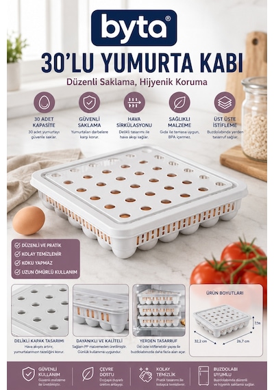 30'lu Kapaklı Yumurta Saklama Kabı Buzdolabı Düzenleyici Ve Yumurta Organizeri Gri