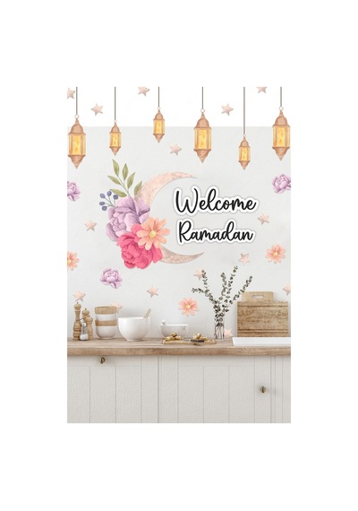 Welcome Ramadan Çiçekler Soft Renkli Fenerler Cam Duvar Sticker Seti Ramazan Süsü Çok Renkli