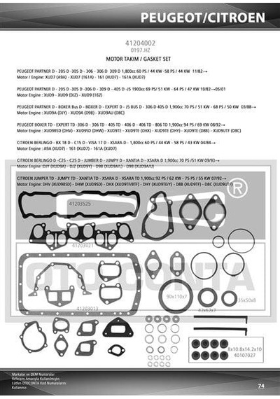 OTO CONTA 41204002 Motor Takım Conta Scudo / Partner Boxer / Berlingo Jumper 1.9D Xud9 Silindir Kapak Contasız Keçelı