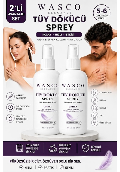 Unisex Tüy Dökücü Sprey 250 Ml X 2 Adet Kadın & Erkek Tüm Vücut Kullanımına Uygun